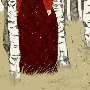 Puede incluir: Ilustraci&oacute;n de una persona con un vestido largo rojo oscuro con un patr&oacute;n detallado, de pie entre abedules. Las mangas son de un rojo m&aacute;s claro con un dise&ntilde;o floral. La escena est&aacute; ambientada en una zona nevada y herbosa.