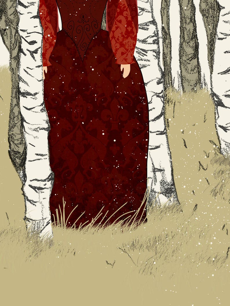 Puede incluir: Ilustraci&oacute;n de una persona con un vestido largo rojo oscuro con un patr&oacute;n detallado, de pie entre abedules. Las mangas son de un rojo m&aacute;s claro con un dise&ntilde;o floral. La escena est&aacute; ambientada en una zona nevada y herbosa.