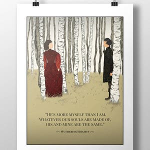 Puede incluir: L&aacute;mina art&iacute;stica con una ilustraci&oacute;n de dos figuras en un bosque de abedules. Una figura viste un vestido rojo, la otra un abrigo negro. Incluye texto de Cumbres Borrascosas.