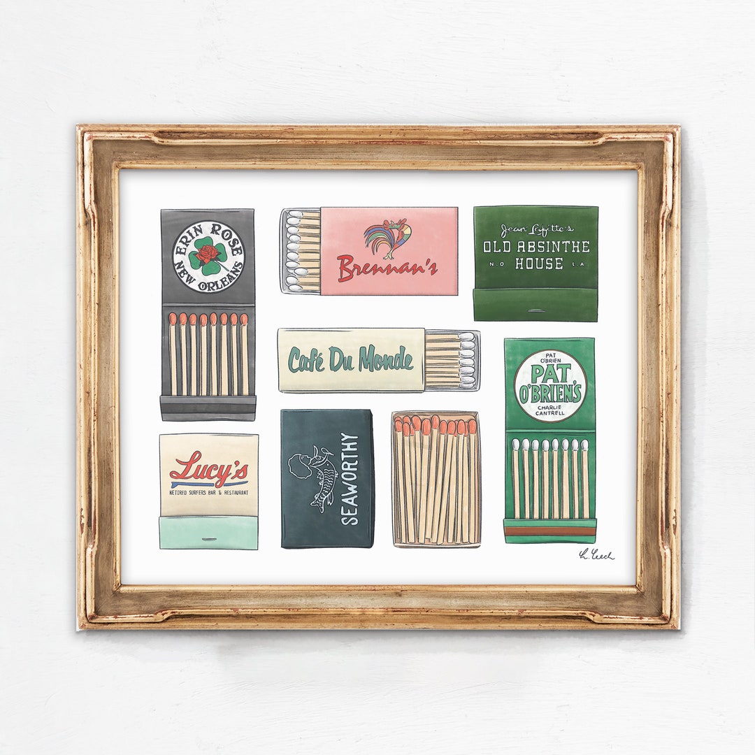 New Orleans Matchbook UNFRAMED Art Print 8x10 Louisiana Food Traveler