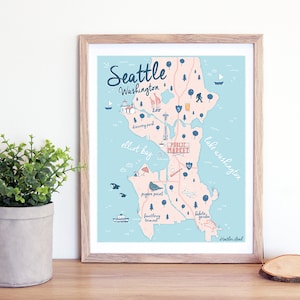 Seattle Geïllustreerde Kaart | 8x10 "Seattle Art Print | Seattle Kaart | Traveler Gift | | Washington Home Decor | Cadeau-ideeën | Huisverwarming