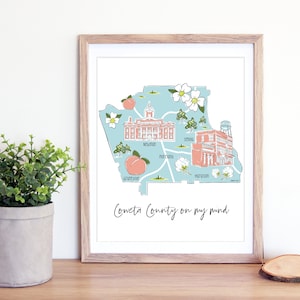 Coweta County Geïllustreerde Kaart | 8x10" Coweta Art Print | Georgia Wall Art | Housewarming | Cadeau-ideeën | Voor haar | Voor mama | Georgia Perzik