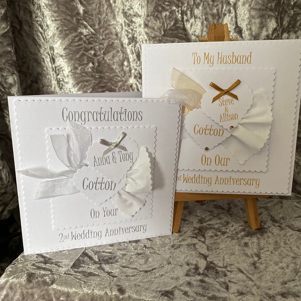 WA002. Hand made and Personalised. 2nd Wedding Anniversary card. Cotton anniversary