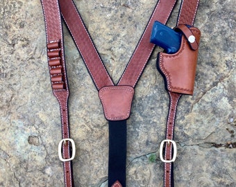 Handmade leather suspenders, Handgun suspenders, Micro holster. Suspenders with holster, bullet loop suspenders,