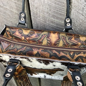 Coffee Genuine Hair-On Cowhide Tooled Tote