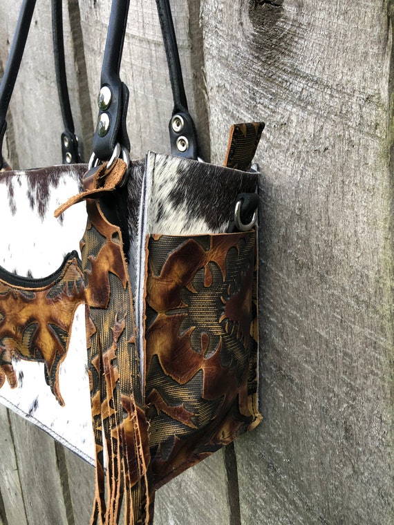 【BOK PLACE】Cowhide Mini Tote Bag Crossbody Bag Handmade Mini Tote, Hair on Hide, Cowhide Purse, Cowhide