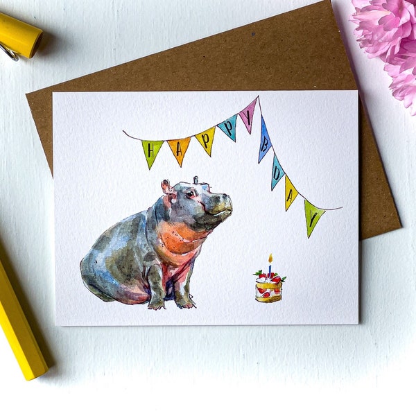 Happy Birthday Card Baby Hippo, Cute Birthday Card, Animal Greeting Card, Watercolor Birthday Card, Baby Greeting Card, First Birthday Card