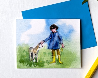 Hello Spring Greeting Card, Happy Easter Card, Sheep Card, Girl with Lamb Card, Cute Dreamy Card for Any Occasion Mother's Day Greeting Card