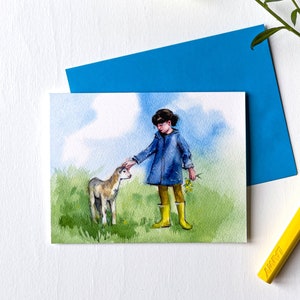Hallo Frühling Grußkarte, Frohe Ostern Karte, Schaf Karte, Mädchen mit Lamm Karte, Süße Verträumte Karte für jeden Anlass Muttertag Grußkarte