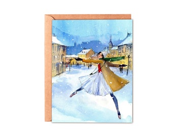 Nutcracker Ballet Ballerina Christmas Card | Xmas Nutcracker Greeting Card | Twirling Ballerina in the Winter Street Happy Holidays Card