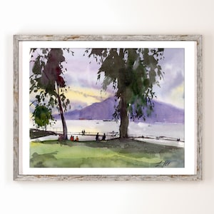 May include: Watercolor painting of a park scene with two trees in the foreground, a body of water in the middle ground, and a mountain range in the background. The sky is a soft purple and yellow, and there are people walking and sitting in the park.