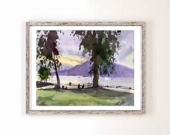 Vancouver Print Summer Sunset on Kits Beach | Watercolour Art | Wall Art | Ocean Print | British Columbia | Pacific Northwest | Canadian Art