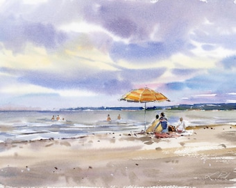 Windy Day on the Beach.  Presqu'ile Provincial Park, Ontario, Canada. Original Watercolour Painting by Louba Fazylau
