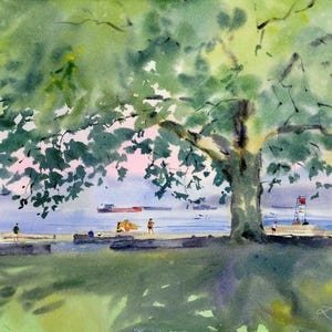 May include: Watercolour painting of a waterfront scene with a large tree in the foreground. The tree's green leaves provide shade over a grassy area. People are on the pier, and boats are in the water. The sky is a soft pink and blue.