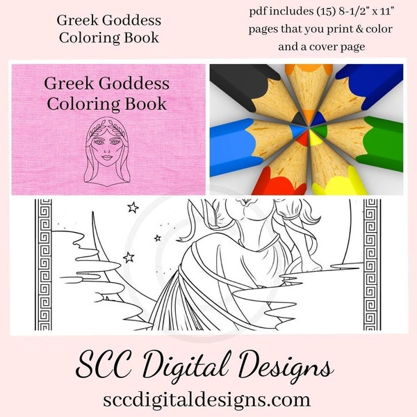 Greek Goddess Printable Coloring Book, 16 Page PDF, Tyche, Selene, Nemesis, Mythology Illustrated Scenes, Instant Download, Personal Use