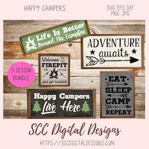 Pacote SVG Happy Campers, aventura aguarda arte de parede Glamper para mamãe, bem-vindo à nossa bandeira Firepit Glamping para namorada, citações de acampamento, png