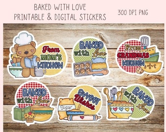 Baked with Love PNG, Whimsical Bear Printable Stickers for Kids for Tumblers, Digital Stickers Goodnotes Compatible Scrapbooking Elements