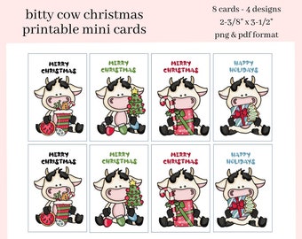 Bitty Cow Christmas Printable Mini Cards - 2 Sets of 8 Mini Cards With 4 Images, Add Your Own Text, Instant Download, Commercial Use