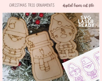 Christmas Trio SVG Digital Cut Files, Santa, Snowman, Elf Glowforge & Laser Cutter Designs, Instant Download Glow Forge Commercial Use Art