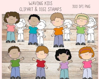 Kids Clipart, Diverse Boys & Girls PNG, Waving Children Digi Stamps, DIY Coloring Pages for Preschoool or Homeschool Activities