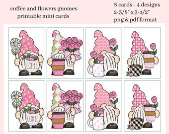 Coffee & Flowers Gnome Printable Mini Cards - 8 Mini Cards With 4 Images, Instant Download, Create Gift Card for the Baristas or Java Lover