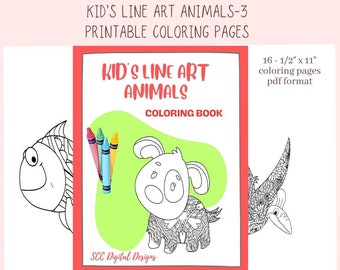 Kid's Line Art Animals Coloring Book Printable Pages, Creative Art Therapy for Kids & Adults, Homeschool Activity  Resources