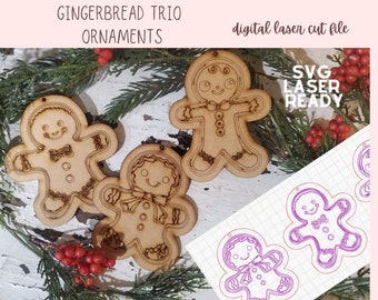 Whimsical Gingerbread Ornament Trio SVG Digital Cut Files, Glowforge & Laser Cutter Designs, Instant Download Glow Forge Commercial Use Art