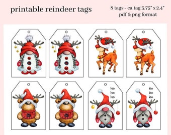 Printable Tags Christmas Reindeer - 8 Tags With 4 Images - Unique Hostess Gift Tag - Gnome for Holidays - Santa Gnomes -