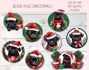 Cute Black Pug Christmas Stickers for Digital or Paper Planners, Pre-Cropped Clipart Printable Stickers for Women & Junk Journals