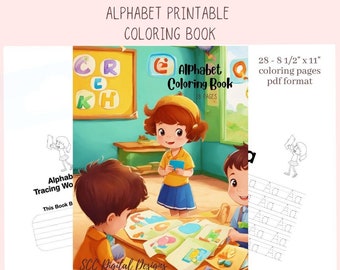 Alphabet Printable Coloring Book for Kids, Fun and Educational Activity for Boys and Girls, Preschool Tracing, Homeschool Worksheet Activity