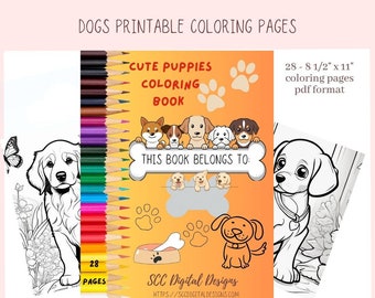 Cute Puppies Printable Coloring Book for Kids and Adults, Print at Home Fun Color Pages for Boys and Girls, Homeschool Worksheet Activities