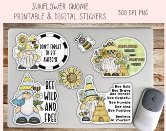 Sunflower Gnome PNG, Bee Wild & Free Printable Stickers for Kids for Tumblers, Digital Stickers Goodnotes Compatible Scrapbooking Elements