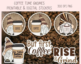 Coffee Time Gnomes PNG Bundle, Printable Stickers for Coffee and Gnome Lovers, Digital Stickers Goodnotes Compatible Scrapbooking Elements