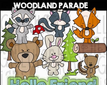 Woodland Parade Digital Clipart - Bear Clipart - Fox Clipart - Rabbit Clipart - Raccoon PNG - Skunk PNG - Forest Clipart