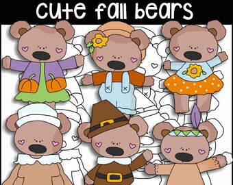 Cute Fall Bears Digital Clipart & Digital Stamps - Scrapbook Elements - Create Kids Coloring Pages - Home School, Teacher Resources