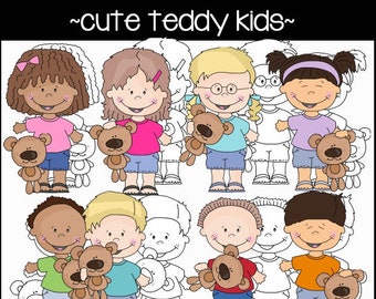 Cute Teddy Kids Digital Clipart & Digital Stamps - Kids Clipart - Kids Digi Stamp - Boys Clipart - Girls Clipart - Girls Digi Stamp