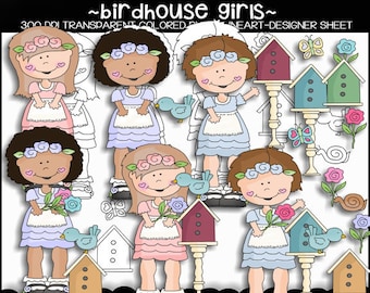 Birdhouse Girls Digital Clipart & Digi Stamps - Birdhouse Clipart - Bird PNG - Flower Digi Stamp - Butterfly Clipart - Butterfly Digi Stamp