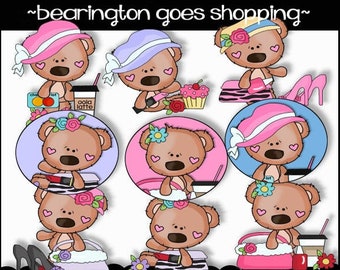 Bearington Goes Shopping Digital Clipart - Boutique Clipart - Shopping PNG - Girly Bear PNG