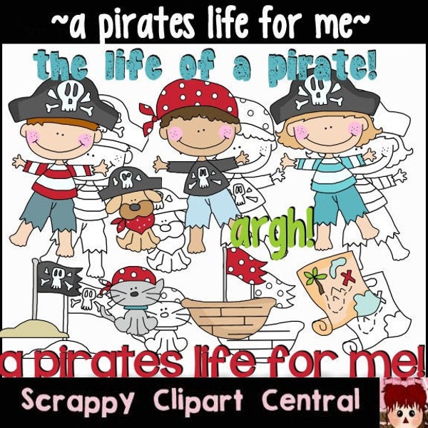 A Pirates Life for Me Digital Clipart - Word Art, Pirates, Dogs, Cats, Digi Stamps, Map, Boat PNG, DIY Party Printables, Scrapbook Elements