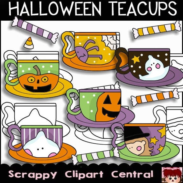 Halloween Teacups Digital Clipart - Halloween Teacups Digi Stamps - Halloween PNG - Spooky Halloween Teacups Clipart - Ghost Clipart