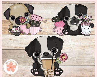 Cute Pugs Clipart PNG, Iced Coffee, Spring Flowers, Puppy Dog Clip Art Graphic Illustrations for Scrapbooking & Crafting, Dog Lover Gift