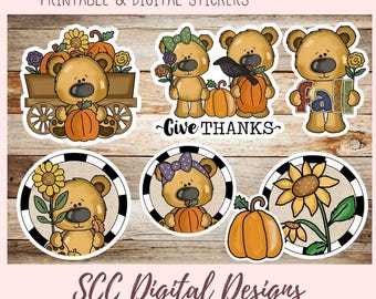 Fall Bear Digital Stickers, Cute Autumn Bears and Pumpkins PNG, Pre-Cropped Printable Fall Quote Stickers, Scrapbook & Junk Journal Ephemera