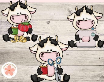 Sewing Clipart, Bitty Black and White Cows, Thread, Thimble, Buttons Clip Art PNG, Scrapbook Elements, Paper Crafting Supplies, Junk Journal