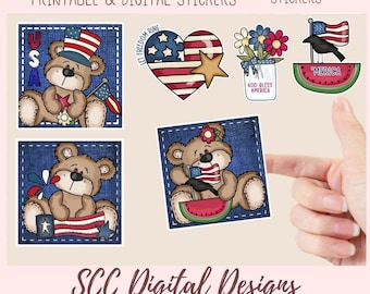 Americana Bear Printable & Digital Stickers, Bears, Crows + Flags Clipart PNG, Printable Sticker, Paper Crafting, Scrapbook, Junk Journals