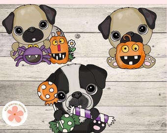 Halloween Clipart PNG, Pug Dogs, Pumpkins, Spider, Halloween Candy, Witch Hat PNG Halloween Shirt Design, Scrapbook & Junk Journal Stickers