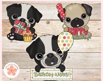 Cute Birthday Pug Clipart, Balloons, Presents, Cupcakes PNG Clip Art, Puppy Dog Graphic Illustration for Scrapbooking & Crafting, Dog Lover