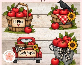 Fall Apple Clipart, Old Red Barn, Apple Trees, Old Red Truck PNG, Autumn Harvest Clip Art, Digital & Printable Stickers, Scrapbook, Journals