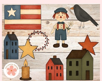 Prim Elements PNG, Saltbox Houses, Flag, Sheep, Annies & Crow Clipart, Americana Clip Art for Digital + Printable Stickers, Scrapbooking