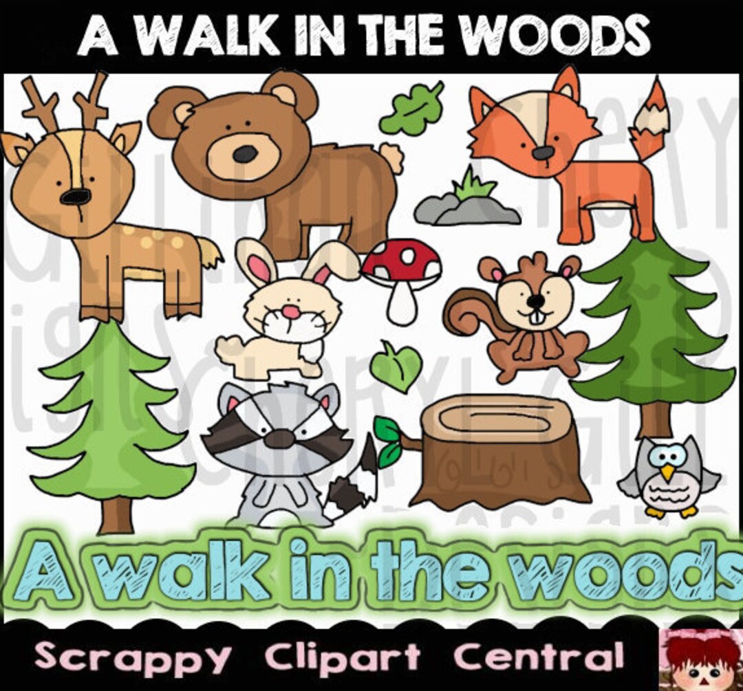 A Walk in the Woods Clipart Word Art, Bear, Fox, Deer, & Trees PNG