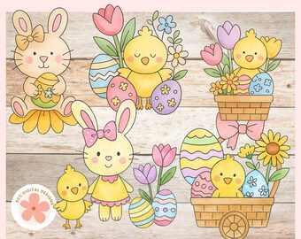 Easter Clipart, Whimsical Bunny Rabbits, Chicks, Easter Baskets & Pastel Colored Egg PNG, Easter Party Clip Art